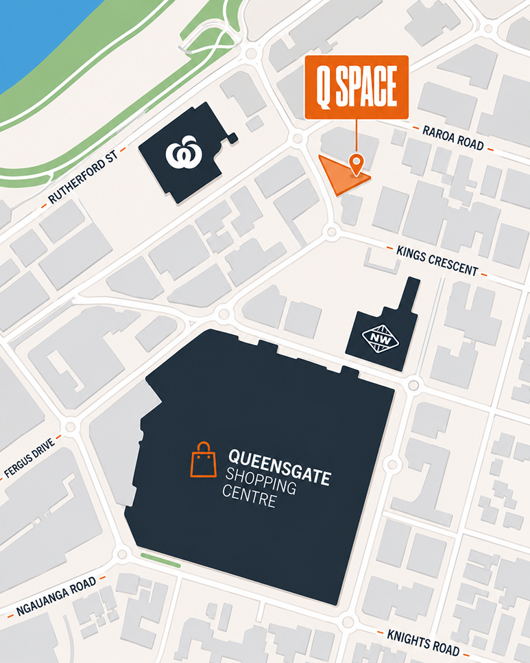 Map showing Q Space at 134 Queens Drive, near Queensgate Shopping Centre, Lower Hutt