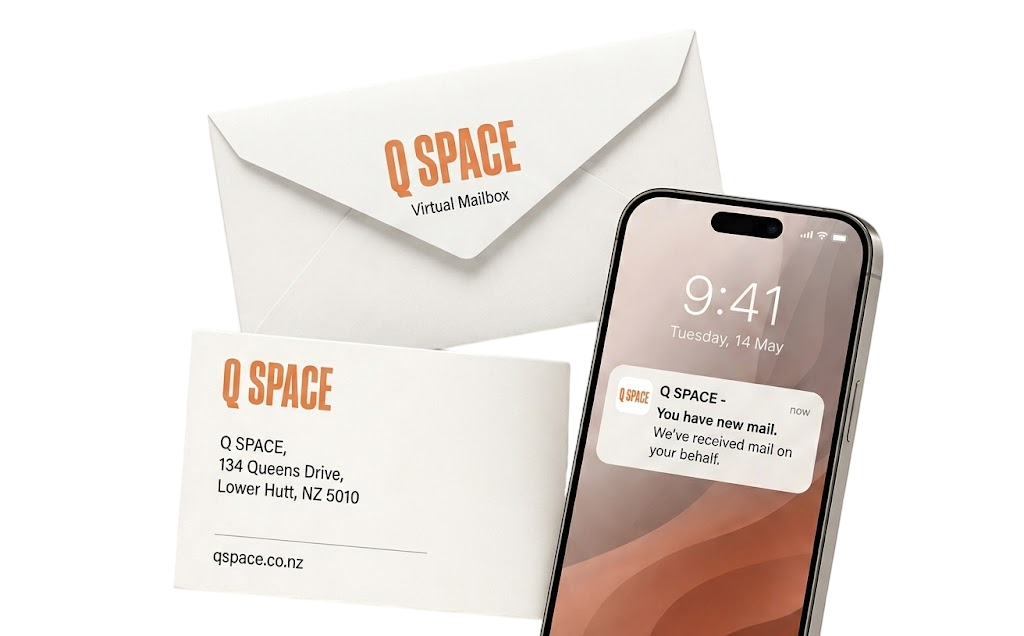 Q Space Virtual Office - branded envelope, business address card and a new-mail notification on a phone